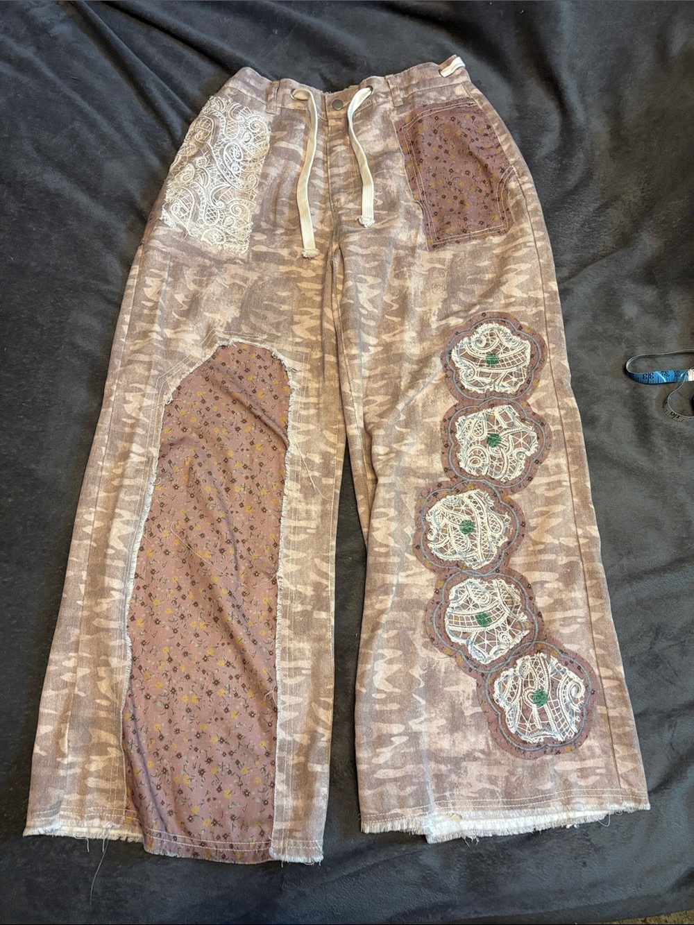 Pol Boho Patchwork Wide-Leg Pants in Taupe